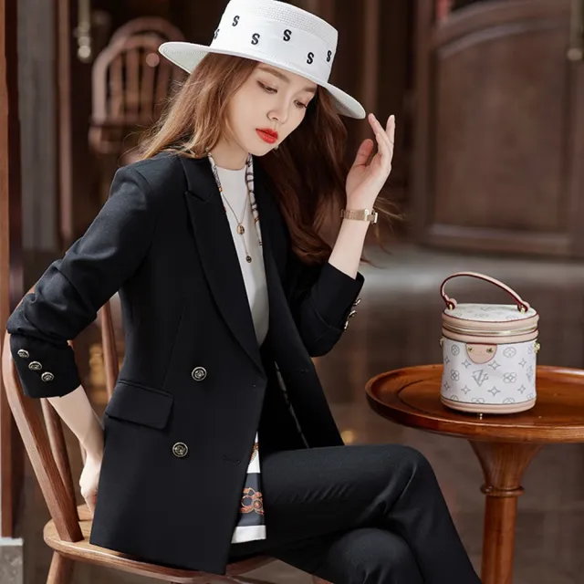 【米蘭精品】現貨出清 西裝套裝兩件套(雙排扣外套純色長褲女職業西裝3色74ct38)