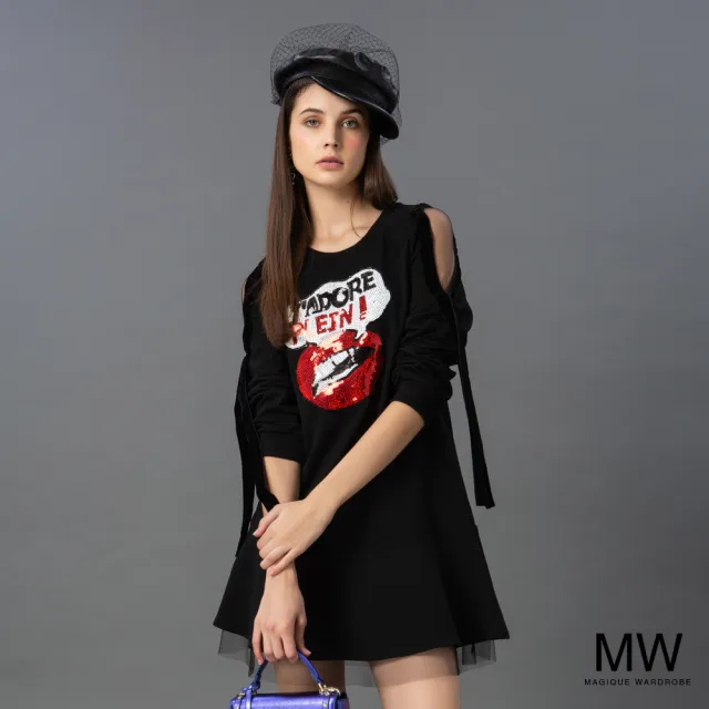 【MAGIQUE WARDROBE】絨布緞帶亮片挖肩洋裝(2色)