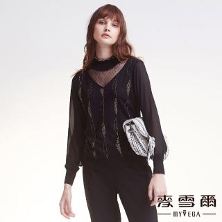 【MYVEGA 麥雪爾】羊毛波浪水鑽雪紡袖保暖針織上衣-黑
