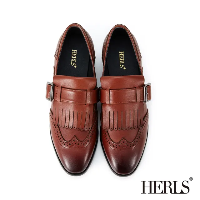 【HERLS】皮鞋-設計款全真皮單釦橫帶睫毛流蘇低跟皮鞋(深棕色)