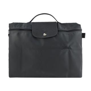【LONGCHAMP】LE PLIAGE GREEN系列刺繡再生尼龍摺疊公事包(石墨灰)