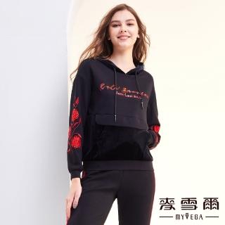 【MYVEGA 麥雪爾】異材質拼接字母刺繡連帽上衣-黑