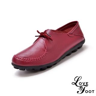【LOVE FOOT 樂芙】真皮休閒鞋 兩穿休閒鞋/真皮舒適手工縫線綁帶兩穿法豆豆軟底休閒鞋(酒紅)