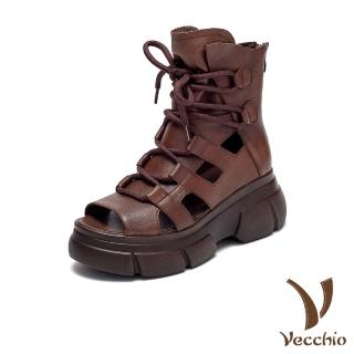 【Vecchio】真皮涼鞋 厚底涼鞋 繫帶涼鞋/真皮頭層牛皮復古擦色繫帶厚底羅馬涼鞋(咖)