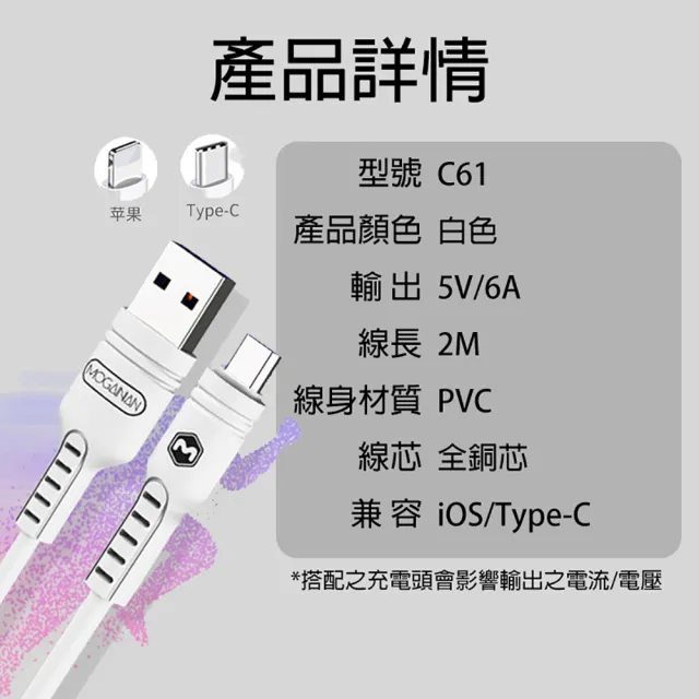 6A快充充電線 傳輸線 2米 TYPE-C 蘋果 1組2條(加長充電線 傳輸線 蘋果 IPHONE 安卓 type-C)