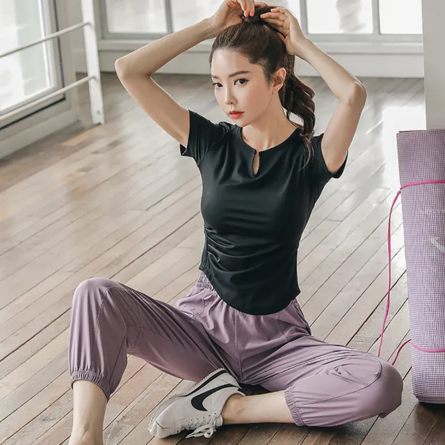【BODYAIR】小V領Q彈上衣+輕薄順滑哈倫褲套組(瑜珈.運動.慢跑.透氣.舞蹈.運動服.運動褲)
