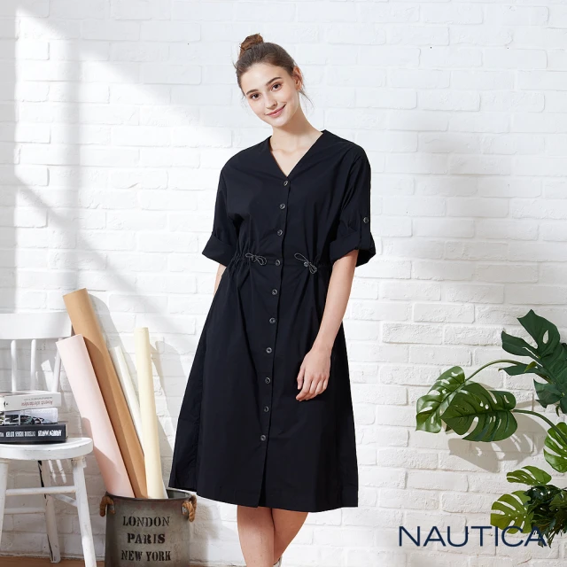 【NAUTICA】女裝抽繩個性七分袖洋裝(黑)