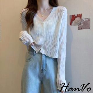 【HanVo】現貨 下擺緹花波浪V領針織上衣(韓系百搭透視造型針織上衣 韓國韓系女裝 女生衣著 A02-1835)