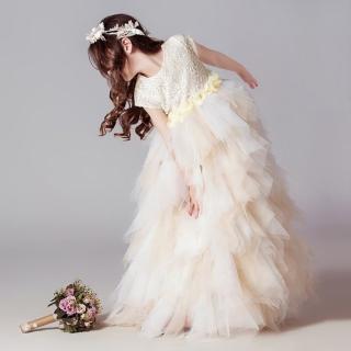 【橘魔法】氣質珍珠花朵 蕾絲蛋糕澎澎長紗裙禮服(大童 花童 畢業 禮服 全家福 婚禮 紗裙 女童)