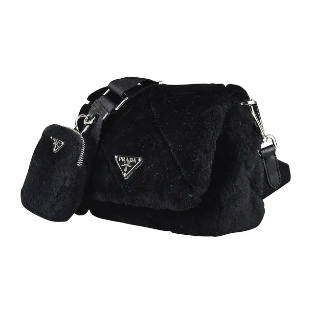 【PRADA 普拉達】PRADA經典三角LOGO三角絎縫設計羊毛皮草翻蓋磁扣式斜背包(黑)