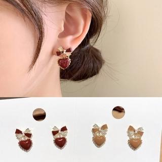 【Emi 艾迷】氣質蝴蝶結愛心酒紅珍珠鋯石925銀針耳環(新年 開運 紅運 紅色)