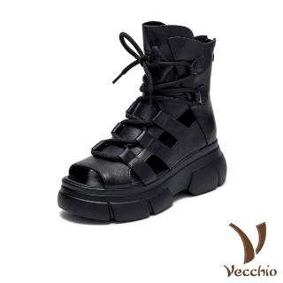 【Vecchio】真皮涼鞋 厚底涼鞋 繫帶涼鞋/真皮頭層牛皮復古擦色繫帶厚底羅馬涼鞋(黑)