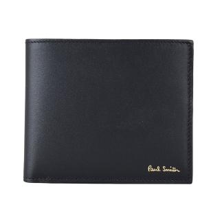 【Paul Smith】PAUL SMITH 燙金LOGO小牛皮搭配小羊皮8卡對折短夾(黑x經典條紋)