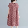 【米蘭精品】連身裙棉麻洋裝(娃娃領格紋寬鬆休閒女裙子2色74cs7)