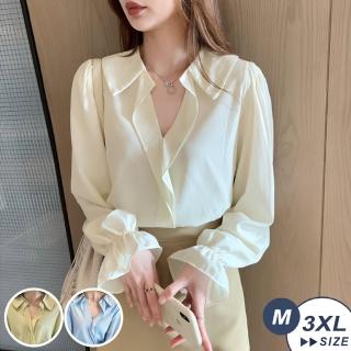 【LANNI 藍尼】韓版小清新百搭通勤寬鬆荷葉袖修身V領雪紡襯衫★(淺豆綠/優雅杏/冰雪藍)