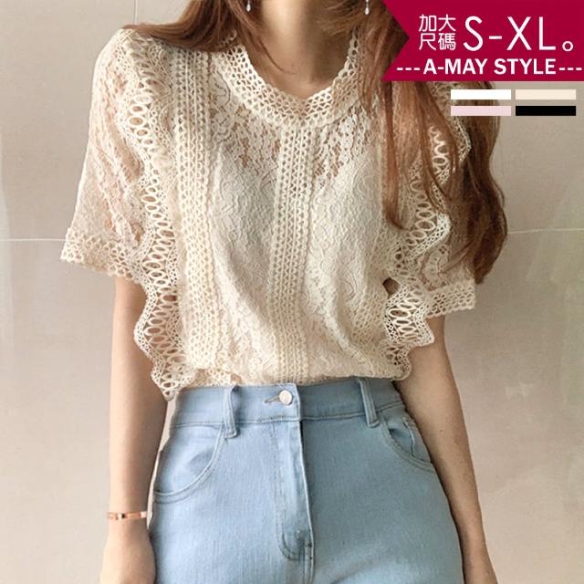 【艾美時尚】中大碼女裝 蕾絲衫 優雅仙氣蕾絲勾花上衣。S-XL(4色.現貨+預購)