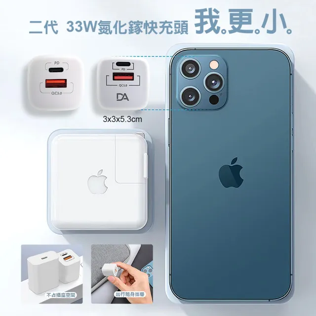 【DA】33W 極速雙孔PD3.0+QC3.0 GaN氮化鎵充電器+MFI USB to Lightning(組合款 for iPhone)