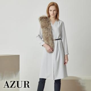 【AZUR】直版V領單褶雪紡洋裝-附腰帶