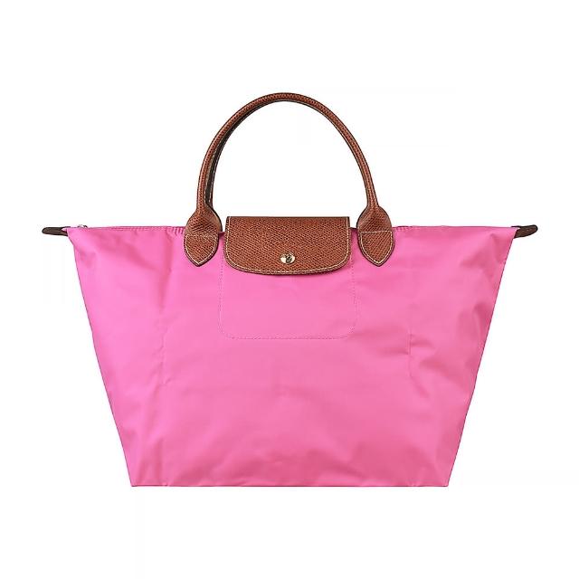 【LONGCHAMP】LONGCHAMP  LE PLIAGE經典壓印LOGO尼龍摺疊短提把拉鍊手提包(中/牡丹粉紅)