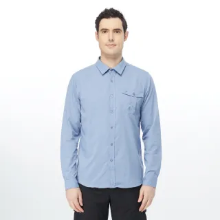 【Hilltop 山頂鳥】男款吸濕快乾抗UV彈性經典素色長袖襯衫 PS05XM67 藍