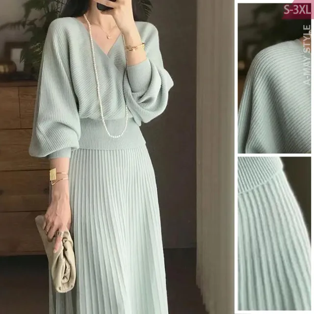 【Amay Style 艾美時尚】現貨 中大尺碼女裝 兩件式 優雅女神坑條感針織裙套裝。S-3XL(套裝)