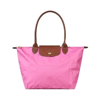 【LONGCHAMP】LONGCHAMP LE PLIAGE經典壓印LOGO尼龍長提把折疊拉鍊肩背包(小/牡丹粉)