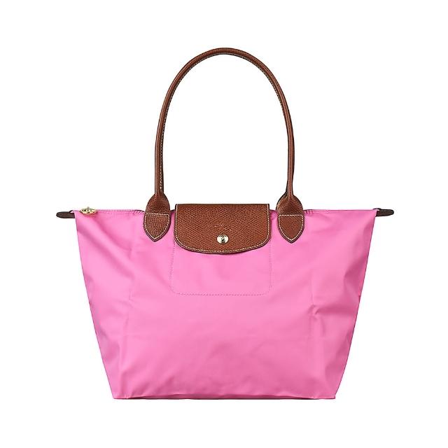 【LONGCHAMP】LONGCHAMP LE PLIAGE經典壓印LOGO尼龍長提把折疊拉鍊肩背包(小/牡丹粉)