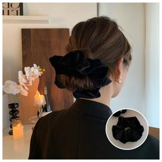 【HaNA 梨花】韓國重磅質感周揚青款．黑色絲絨珍珠大腸圈髮圈(大腸圈 髮圈 韓國 彈力)