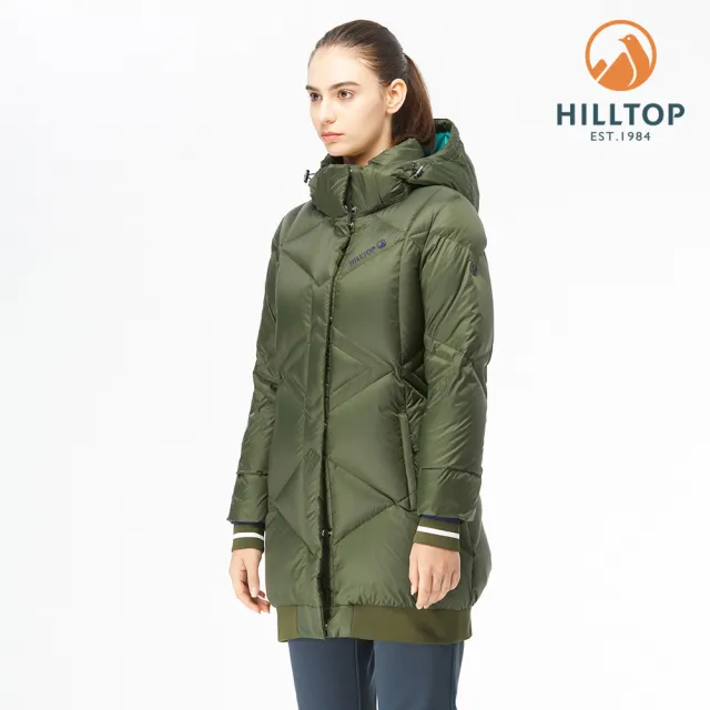 【Hilltop 山頂鳥】女款超潑水長版蓄熱羽絨外套F24FE7墨綠