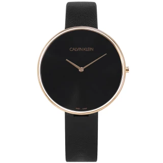 【Calvin Klein 凱文克萊】簡約時尚 超薄 礦石強化玻璃 瑞士製造 皮革手錶 黑x玫瑰金框 42mm(K8Y236C1)