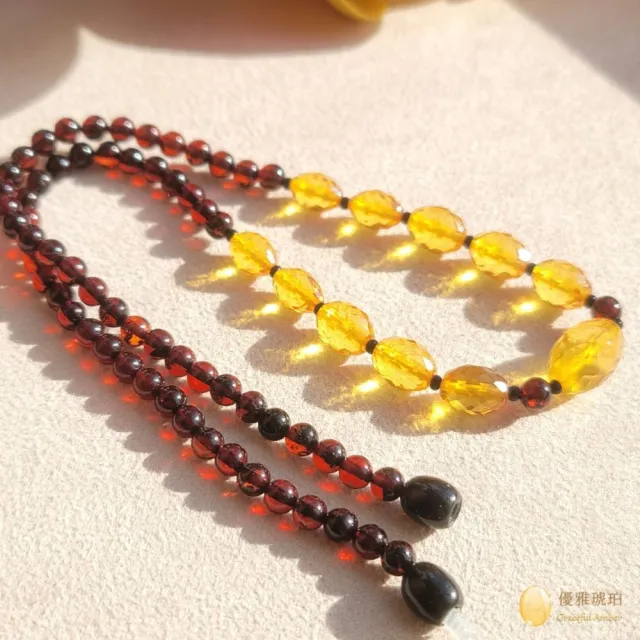 【優雅琥珀】來自波羅地海 鑽面金珀與紅珀圓珠項鍊(鑽面切割之金珀與紅珀圓珠 雙色琥珀項鍊)