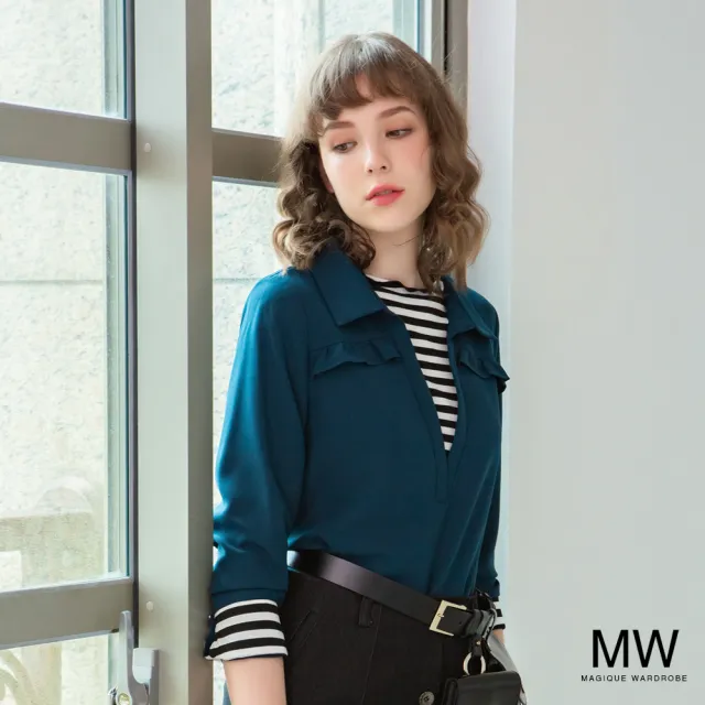 【MAGIQUE WARDROBE】假兩件式荷葉拼接條紋襯衫上衣(2色)