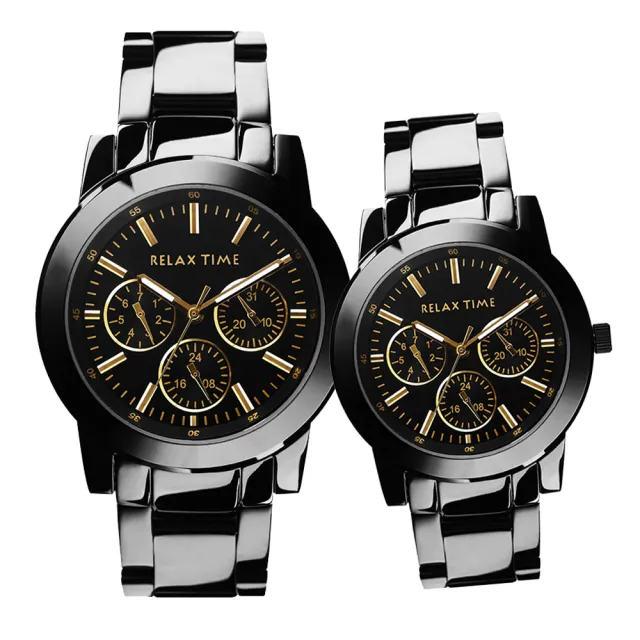 【Relax Time】日曆情侶手錶 對錶-黑金 畢業禮物(R0800-16-21X+R0800-16-21B)