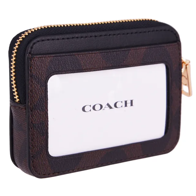 【COACH】經典 馬車立體金LOGO PVC皮革 拉鍊 零錢包(老花咖啡)
