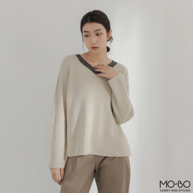 【MO-BO】V領撞色寬鬆針織衣(上衣)