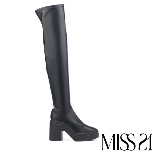 【MISS 21】霸氣時髦彈力水台高跟過膝長靴(黑)