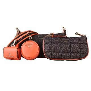 【Michael Kors】MK MICHAEL KORS金字LOGO格紋設計印花PVC拼皮革拉鍊四合一斜揹包(深褐x橘)