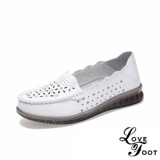 【LOVE FOOT 樂芙】真皮樂福鞋 兩穿樂福鞋/真皮縷空花邊兩穿法舒適休閒樂福鞋(白)