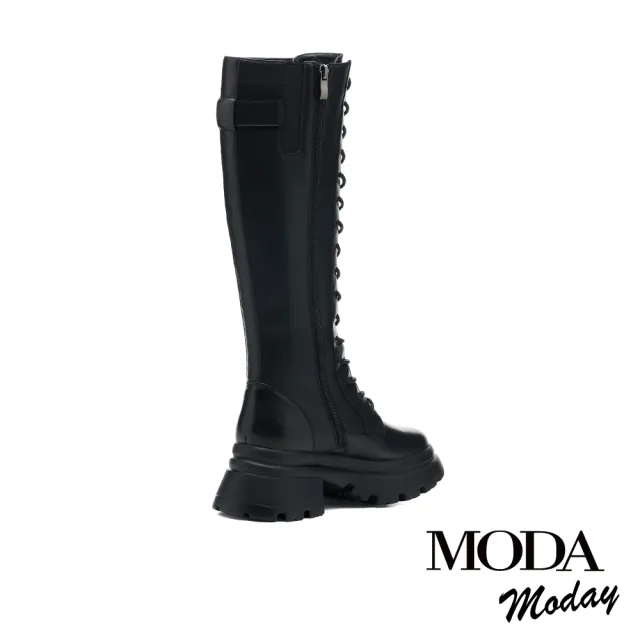 【MODA Moday】個性綁帶牛皮帶釦側拉鍊厚底長靴(黑)