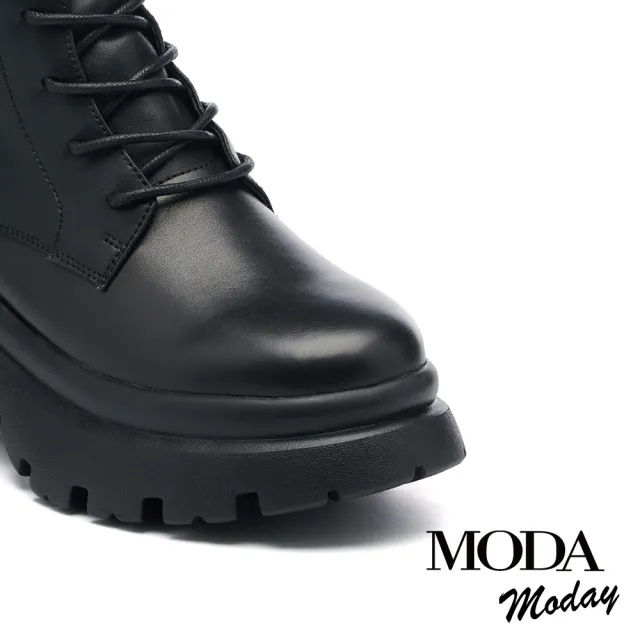 【MODA Moday】個性綁帶牛皮帶釦側拉鍊厚底長靴(黑)