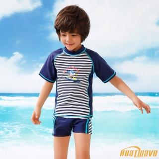【Heatwave 熱浪】兩件式兩截中童兒童泳衣防曬防寒保暖鯊魚寶寶上衣泳褲套組男童游泳泳裝(35146/110-140)