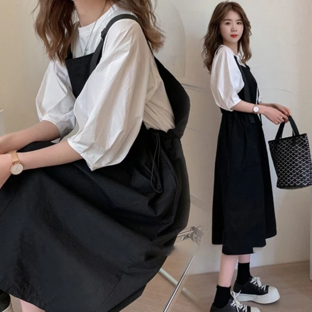 【漂亮小媽咪】夏日 韓系 兩件式 吊帶洋裝 宮廷泡泡袖 二件式 吊帶裙 背