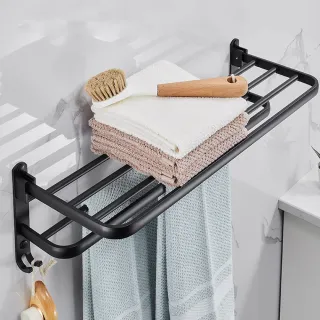 【EchoLife】折疊毛巾置物架-60cm 雙層收納架 廚房衛浴浴室收納 毛巾桿
