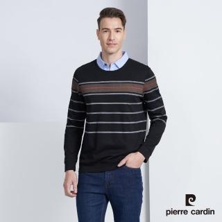 【pierre cardin 皮爾卡登】商務休閒 襯衫領假兩件條紋印花長袖POLO衫-黑色(5225295-99)
