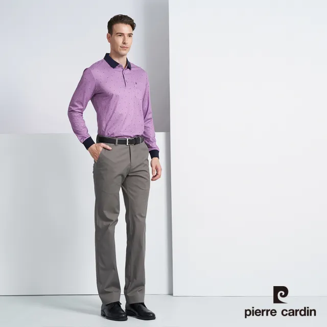 【pierre cardin 皮爾卡登】商務休閒 直條印花長袖POLO衫-紫色(5225262-28)