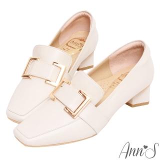 【Ann’S】雙TOP金扣-小羊皮全真皮小方頭低跟樂福鞋-4cm(米白)