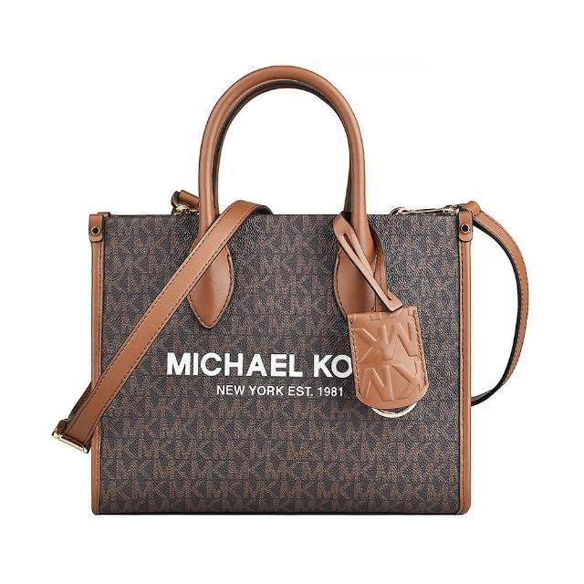 【Michael Kors】MK MICHAEL KORS MIRELLA字母LOGO印花PVC滾邊牛皮拉鍊手提斜背托特包(小/深褐x橡子棕)