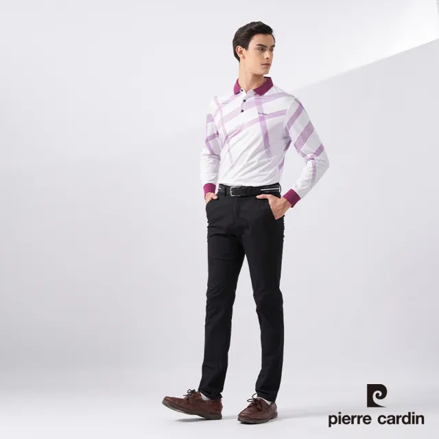 【pierre cardin 皮爾卡登】商務休閒 大定位斜格印花長袖POLO衫-紫色(5225259-28)