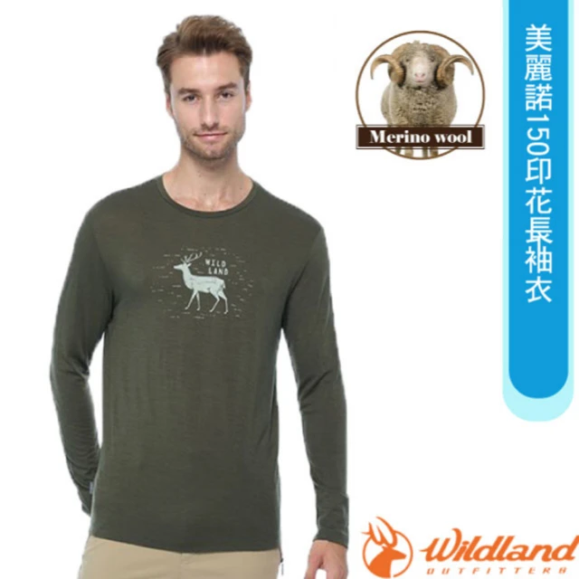 Wildland 荒野 男 100%美麗諾150印花長袖衣.抗菌抗臭.四面彈性(0B02602-169 鼠尾草綠)