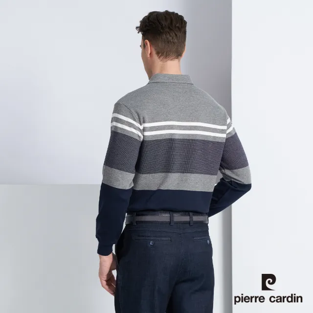 【pierre cardin 皮爾卡登】商務休閒 蓄熱保暖刷毛定位橫條長袖POLO衫-深藍色(5225284-38)